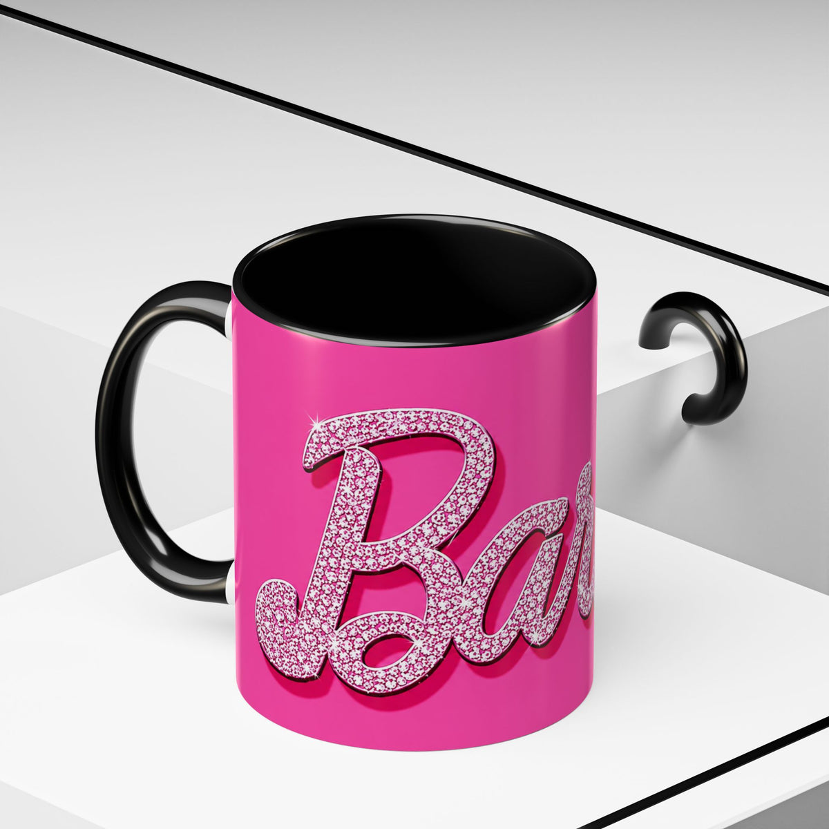 Barbie Pink Accent Coffee Mug with Rhinestone Script — Glam Tea & Coffee Gift