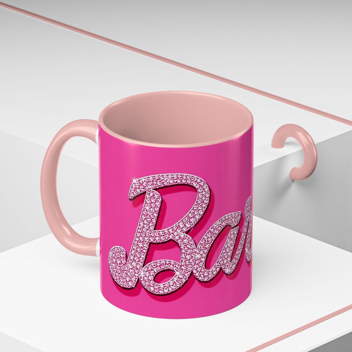 Barbie Pink Accent Coffee Mug with Rhinestone Script — Glam Tea & Coffee Gift